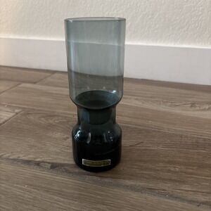 Dansk mcm blue glass votive candle holder hurricane label with metal insert 9.5"